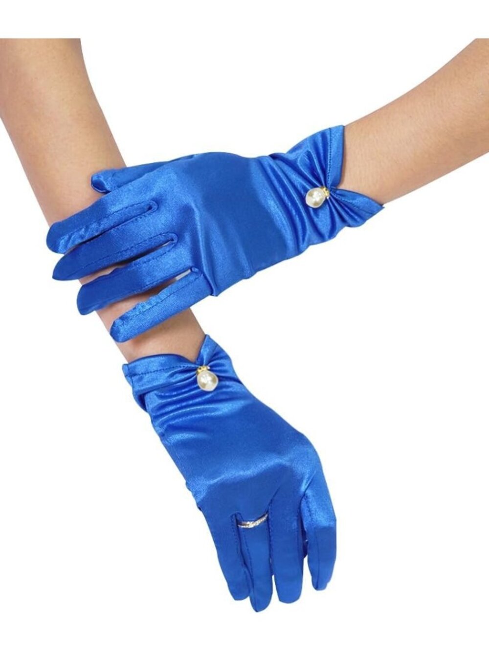 Womens Royal Blue Pearl Accent Wrist Length Halloween Party Stretchy Lace Gloves
